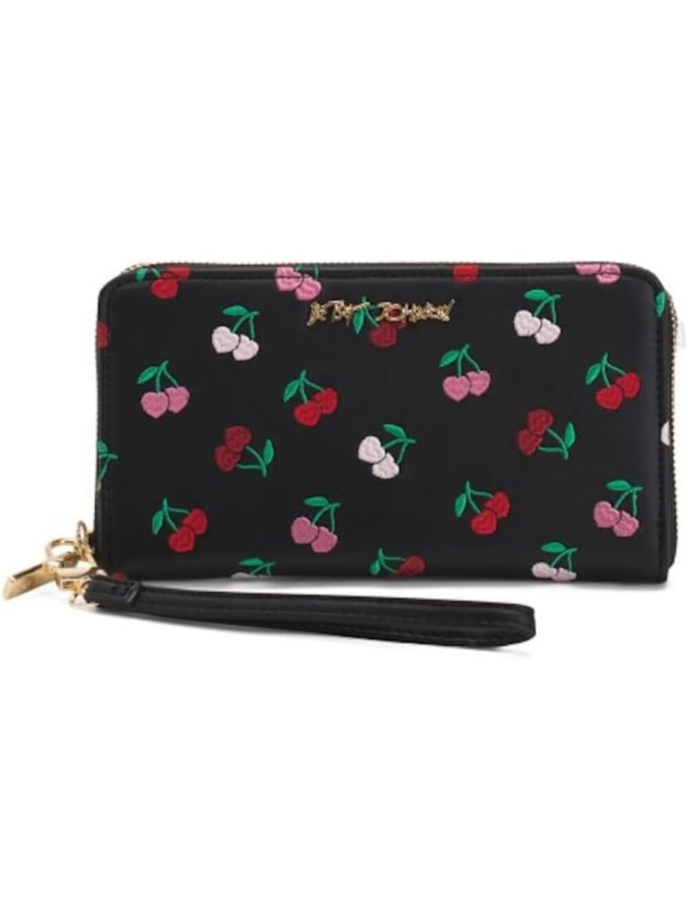 Chic Black Zip Around Wallet with Cherry Embroidery & Detachable Wristlet Strap